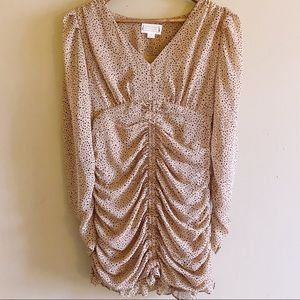 Ruched V Neck Spotted Mini Dress
